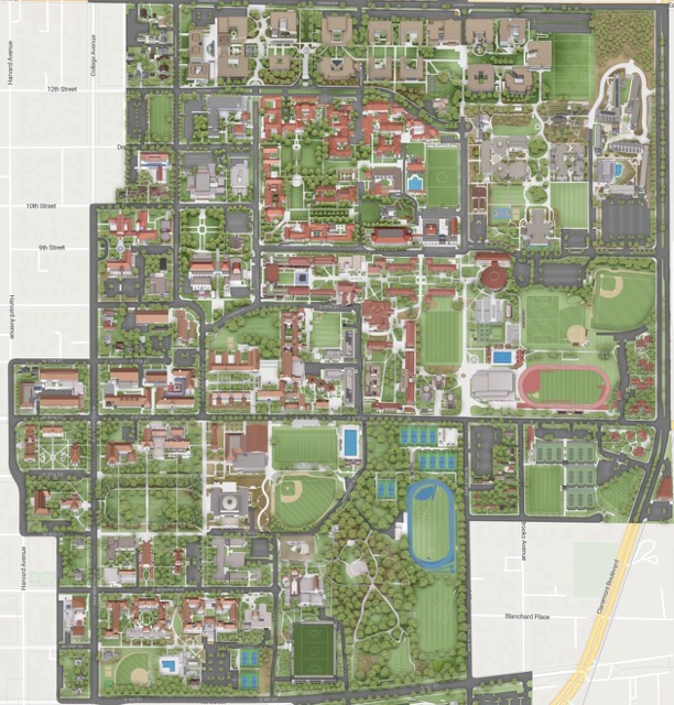 Map of The Claremont Colleges showing the 7 contiguous campuses